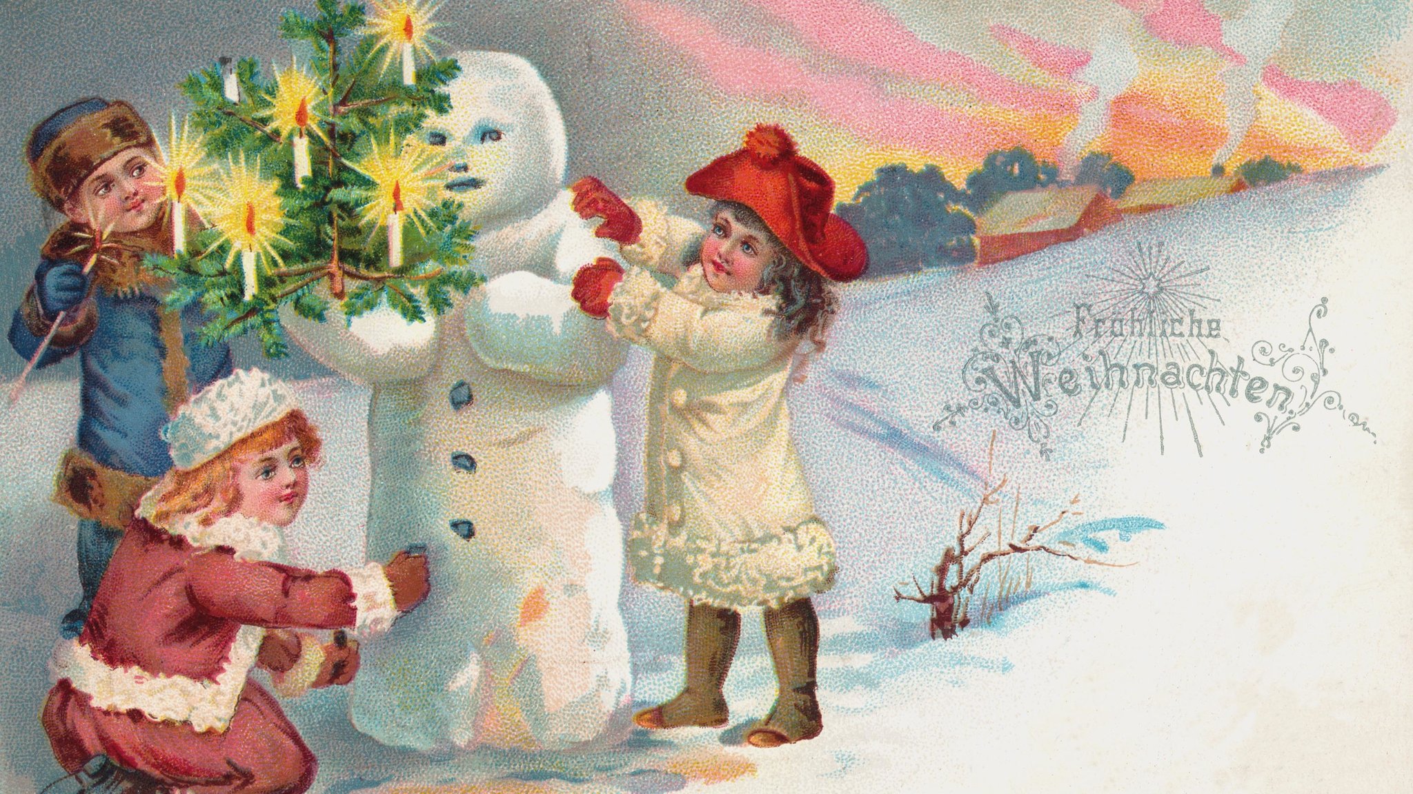 Weihnachtspostkarte von 1901 mit Kindern, einem Schneemann und Weihnachtsbaum