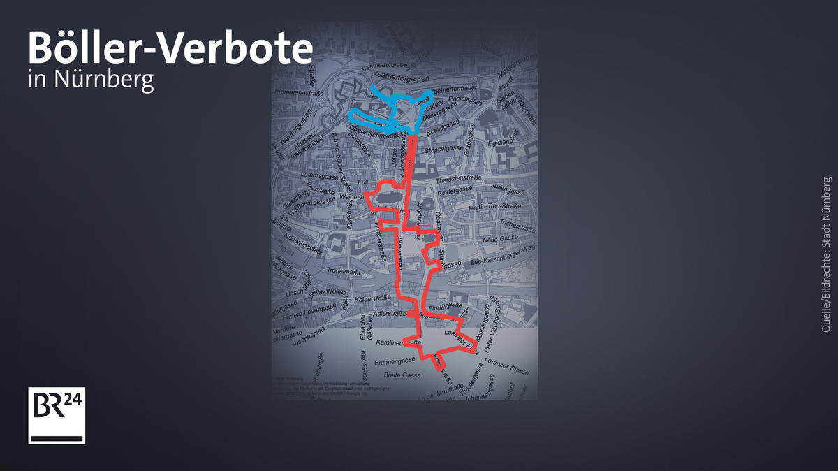 In Nürnberg gilt an Silvester ein Feuerwerksverbot rund um die Festung (blau; 21 bis 2 Uhr); in der Altstadt (rot) ganztätig am 31.12. und 01.01.