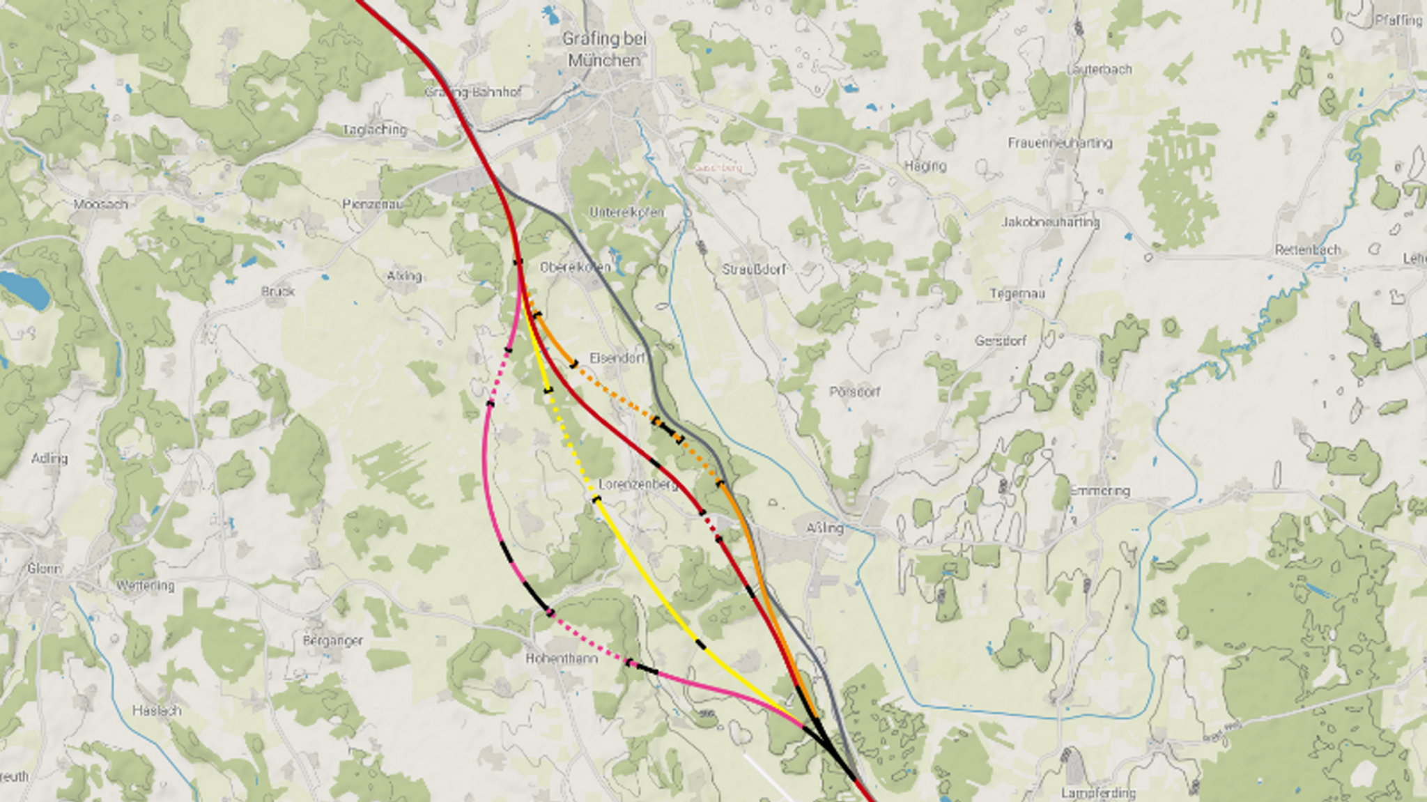 Auf einer Landkarten sind vier verschiedene Trassenverläufe südlich von Grafing eingezeichnet. 