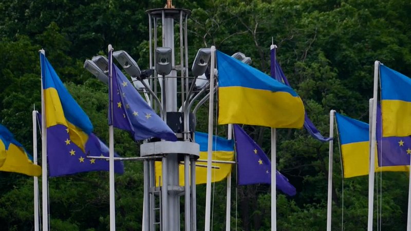 Mehrere EU- und Ukraineflaggen wehen im wind