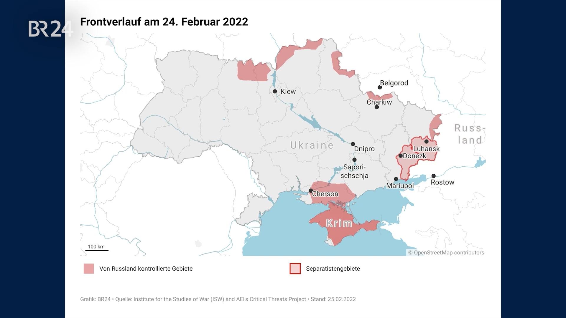 Seit vier Jahren wehrt die Ukraine den Angriffskrieg Russlands ab. In diesem Video sehen Sie, wie sich die Fronten zwischen den beiden Parteien verändert haben und wo der Konflikt heute steht.