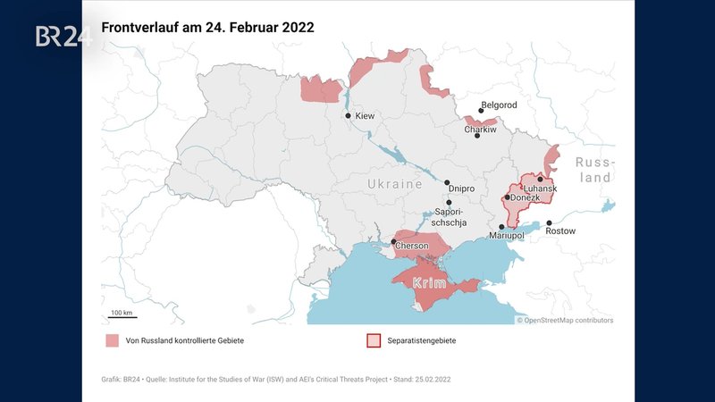 Seit vier Jahren wehrt die Ukraine den Angriffskrieg Russlands ab. In diesem Video sehen Sie, wie sich die Fronten zwischen den beiden Parteien verändert haben und wo der Konflikt heute steht. | Bild: Bayerischer Rundfunk 2026 Seit vier Jahren wehrt die Ukraine den Angriffskrieg Russlands ab. In diesem Video sehen Sie, wie sich die Fronten zwischen den beiden Parteien verändert haben und wo der Konflikt heute steht.