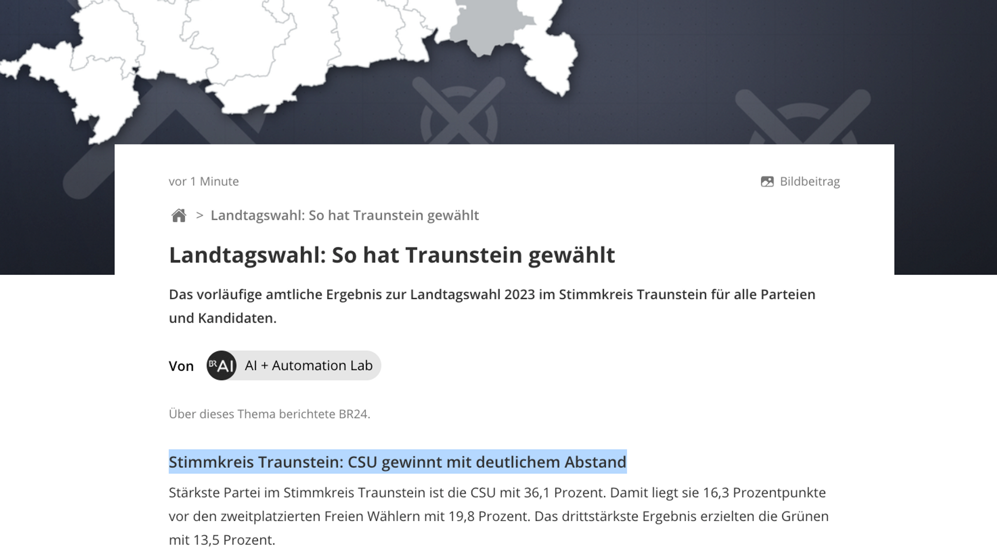 Beispiel eines automatisierten Ergebnisartikels für den Stimmkreis Traunstein