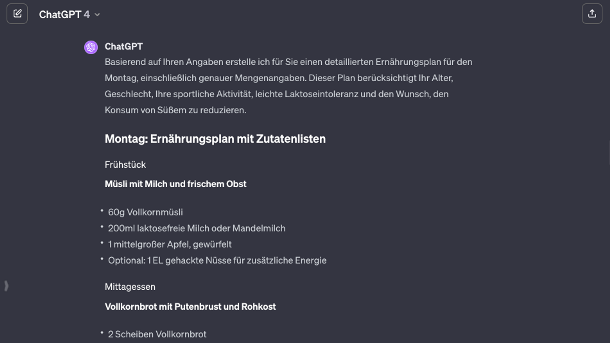 Der KI-Ernährungsplan ist recht fleischlastig. Vor allem Pute und Huhn scheint es ChatGPT angetan zu haben. 