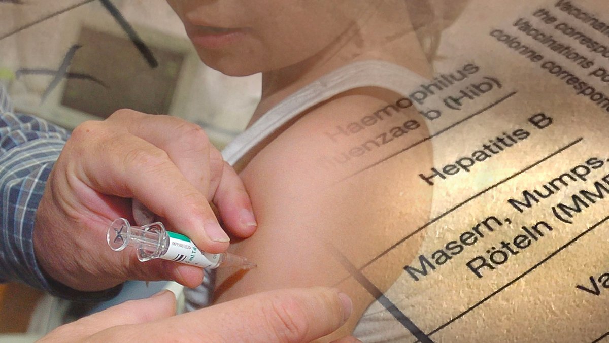 Fotomontage: Kind beim Impfen und Impfbuch
