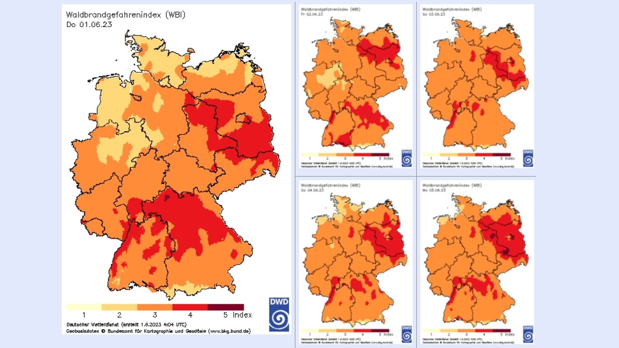 Übersichtskarten der Waldbrandgefahr in Deutschland von Donnerstag (01.06.2023) und den folgenden Tagen