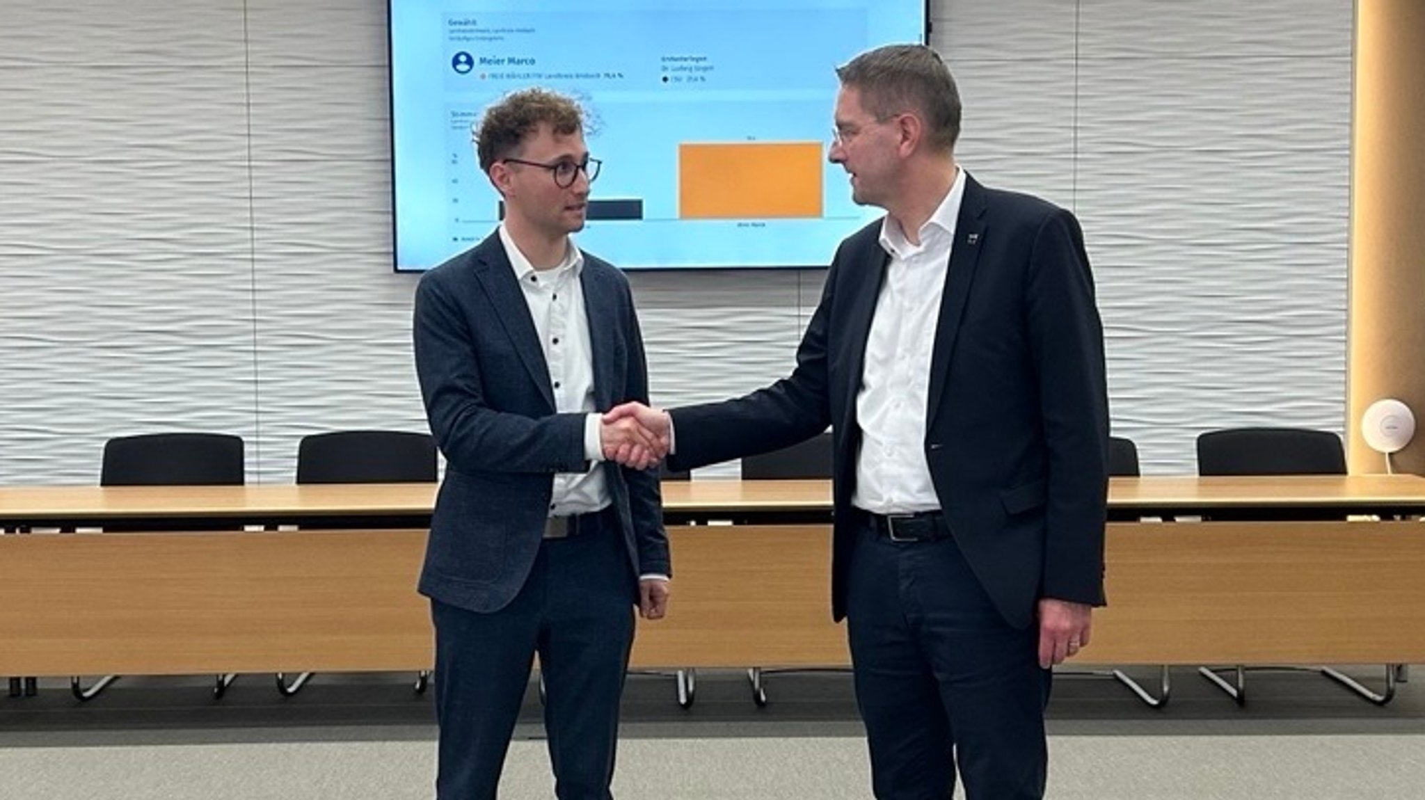 Der amtierende Ansbacher Landrat Jürgen Ludwig (CSU) gratuliert seinem Nachfolger Marco Meier (FW) zum Wahlsieg.