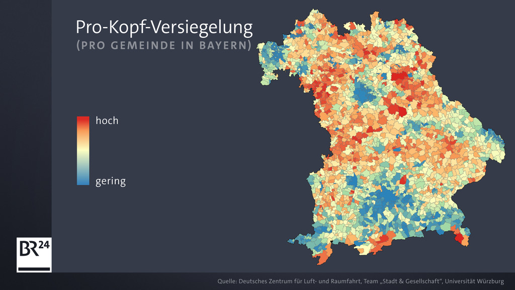 Eine Bayernkarte zeigt die Pro-Kopf-Versiegelung pro Gemeinde.