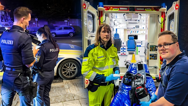 Polizeioberkommissar Yannick Dressel (li), Polizeihauptmeisterin Julia Laun (2. v. li), Rettungskräfte Sebastian Witt (re) und Ingo Petersen (2. v. re) während eines Einsatzes | Bild: BR / Till Rüger, Montage: BR Polizeioberkommissar Yannick Dressel (li), Polizeihauptmeisterin Julia Laun (2. v. li), Rettungskräfte Sebastian Witt (re) und Ingo Petersen (2. v. re) während eines Einsatzes