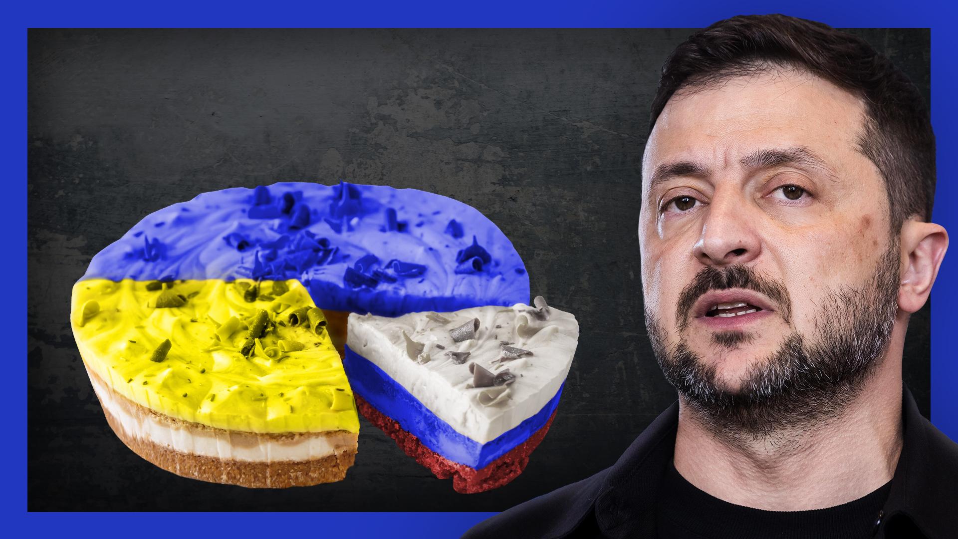(Symbolbild) Auf der Fotomontage ist im Vordergrund der ukrainische Präsident Wolodymyr Selenskyj zu sehen. Hinter ihm ist eine Torte, deren Guss in den ukrainischen Landesfarben eingefärbt ist; ein Stück der Torte verkörpert dagegen die russische Flagge. 