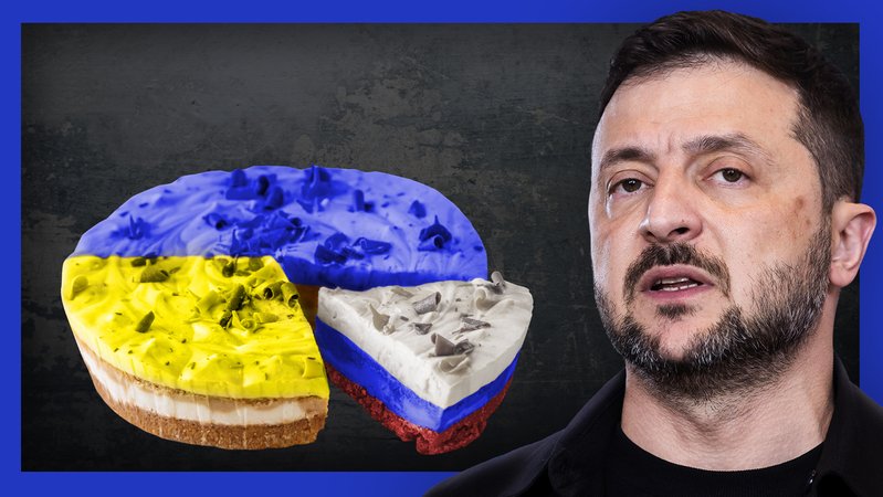 (Symbolbild) Auf der Fotomontage ist im Vordergrund der ukrainische Präsident Wolodymyr Selenskyj zu sehen. Hinter ihm ist eine Torte, deren Guss in den ukrainischen Landesfarben eingefärbt ist; ein Stück der Torte verkörpert dagegen die russische Flagge. | Bild: colourbox.com/Nadezda Razvodovska, picture alliance / PIC ONE | Ben Kriemann, colourbox.com/Ingrid Balabanova; Montage: BR/Maxi Schumann (Symbolbild) Auf der Fotomontage ist im Vordergrund der ukrainische Präsident Wolodymyr Selenskyj zu sehen. Hinter ihm ist eine Torte, deren Guss in den ukrainischen Landesfarben eingefärbt ist; ein Stück der Torte verkörpert dagegen die russische Flagge.