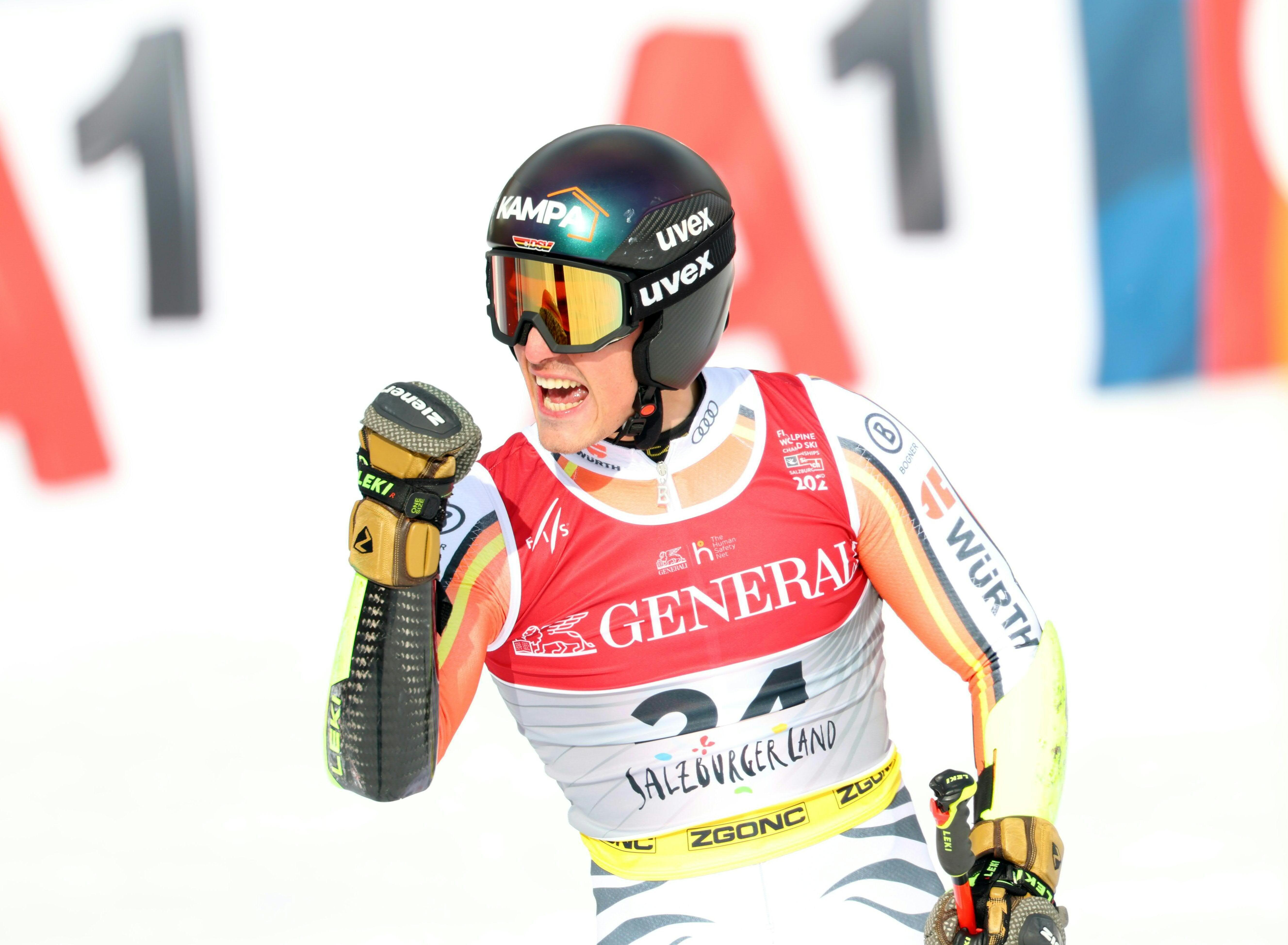 Anton Grammel (GER) am Freitag, 14. Februar 2025, nach seinem Lauf im 2. Durchgang des Riesentorlaufs der Männer anl. der alpinen Ski-WM in Hinterglemm.