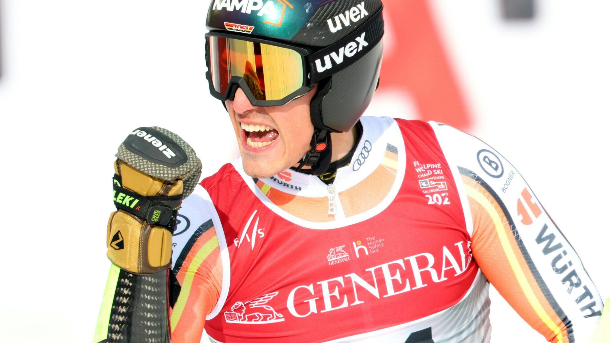 Anton Grammel (GER) am Freitag, 14. Februar 2025, nach seinem Lauf im 2. Durchgang des Riesentorlaufs der Männer anl. der alpinen Ski-WM in Hinterglemm.