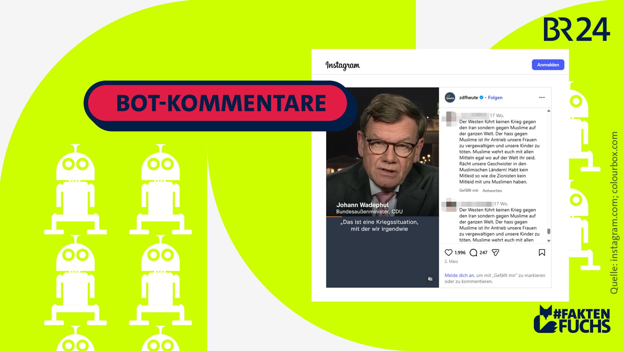 Ein Bot-Netzwerk veröffentlichte auf den Instagram-Seiten von Tagesschau und ZDFheute identische Texte, die Muslime weltweit zu Rache aufriefen. | Bild: Screenshot: Instagram.com / Montage: BR Ein Bot-Netzwerk veröffentlichte auf den Instagram-Seiten von Tagesschau und ZDFheute identische Texte, die Muslime weltweit zu Rache aufriefen.