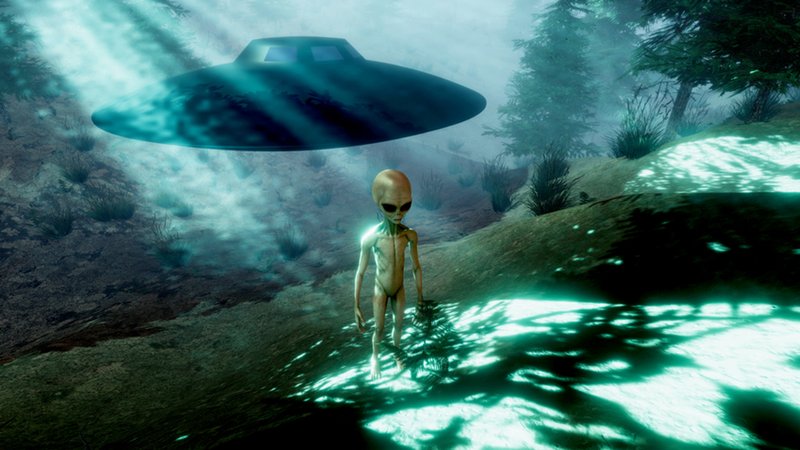 Eine Illustration eines Außerirdischen in einem Wald, im Hintergrund ein UFO.