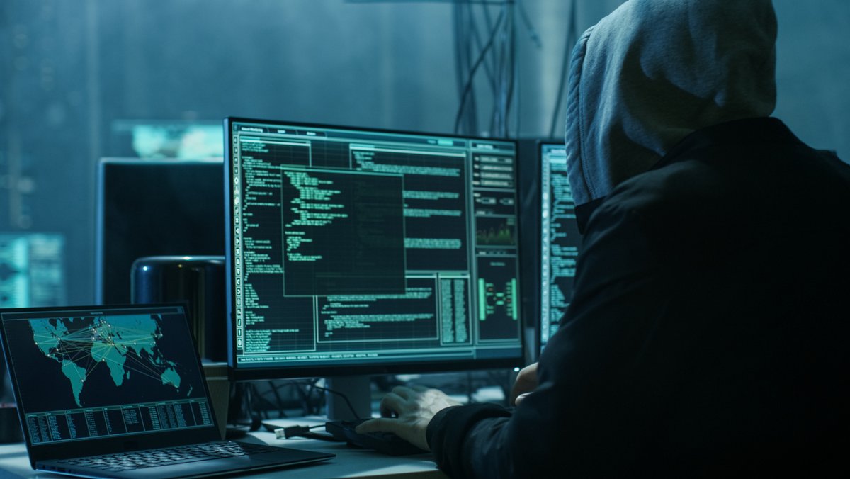 Ein Mann sitzt vor einem Computer und hackt.