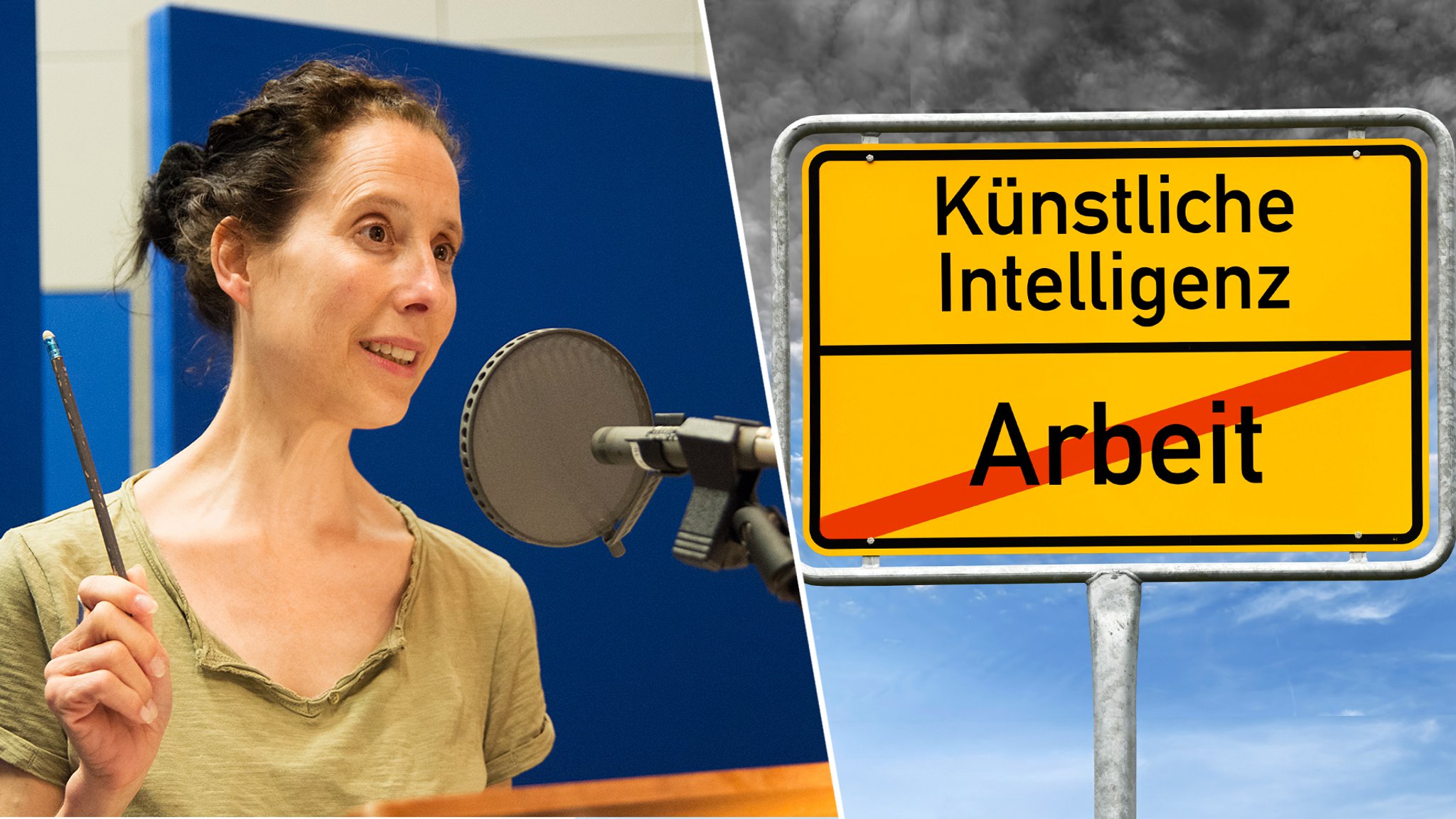 In der Bildcollage sieht man eine Sprecherin vor dem Mikrofon und ein Ortsschild, das den Weg von Arbeit zu KI weist. | Bild: Picture Alliance In der Bildcollage sieht man eine Sprecherin vor dem Mikrofon und ein Ortsschild, das den Weg von Arbeit zu KI weist.