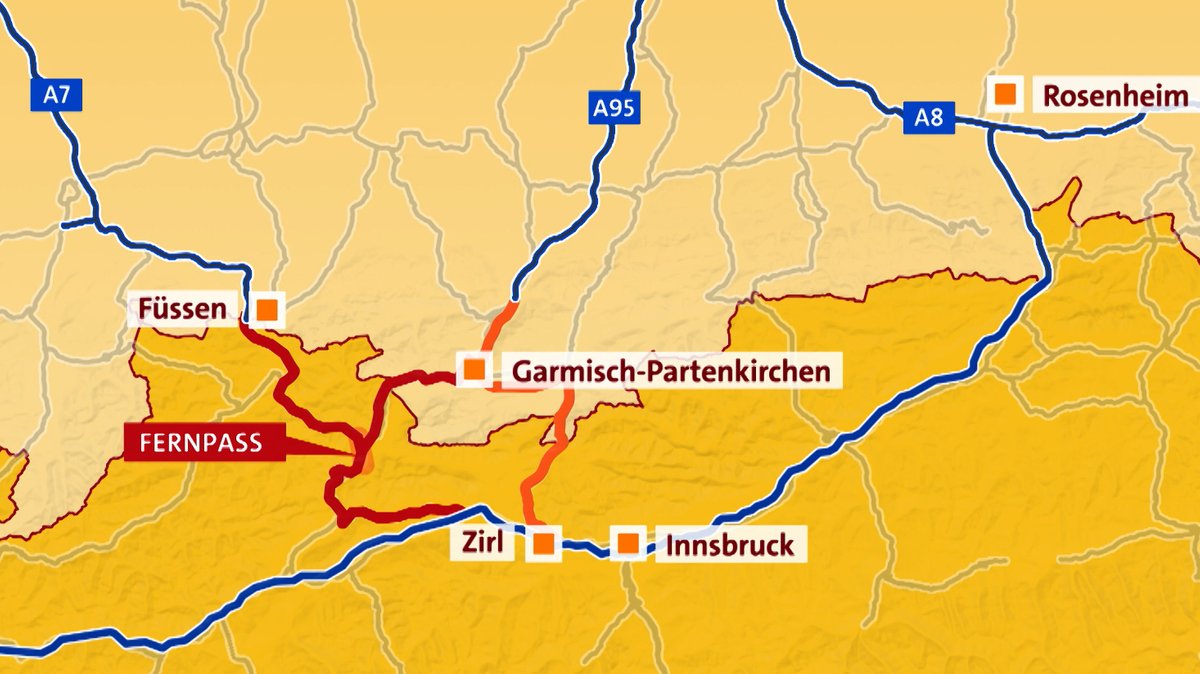 Eine mögliche Umfahrung des Fernpasses könnte auf Kosten könnte über Garmisch-Partenkirchen, Mittenwald und Zirl gehen.