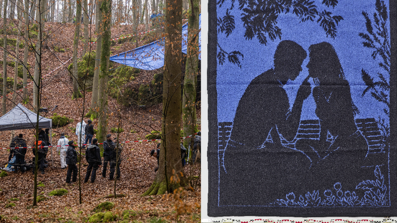 Fotomontage: Ermittler im Wald bei Kipfenberg an der Fundstelle der Knochen von Sonja Engelbrecht; eine Decke mit einem Liebespaar auf einer Bank.