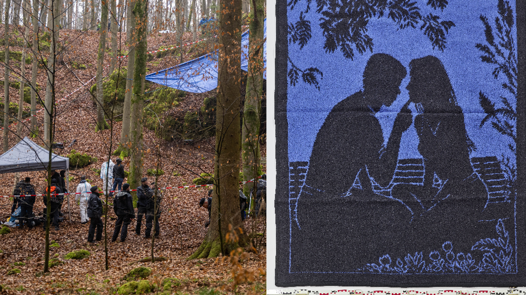 Fotomontage: Ermittler im Wald bei Kipfenberg an der Fundstelle der Knochen von Sonja Engelbrecht; eine Decke mit einem Liebespaar auf einer Bank.