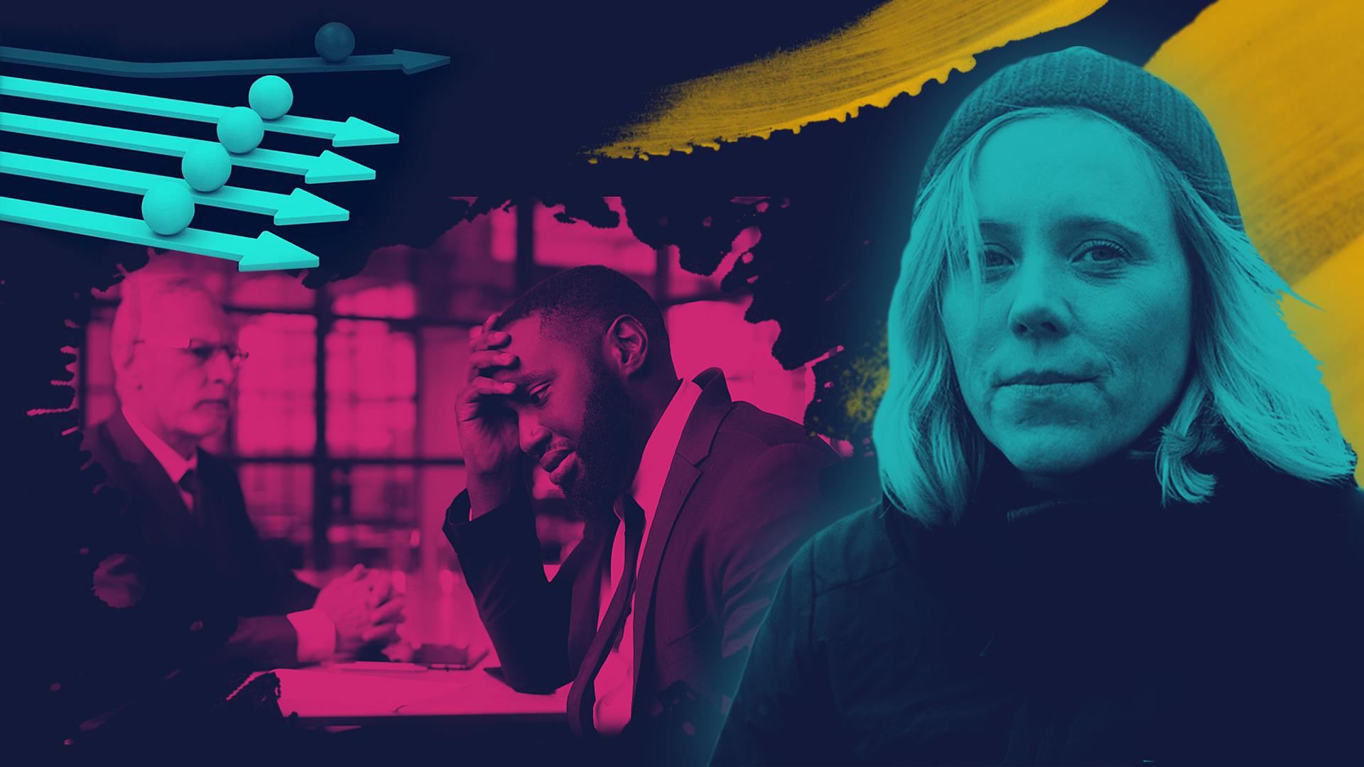 Moderatorin Christina Wolf; ein Schwarzer Mann sitzt deprimiert neben einem europäisch aussehenden Kollegen; vier weiße Pfeile, die geradeaus zeigen neben einem dunklen Pfeil, der einen Knick macht