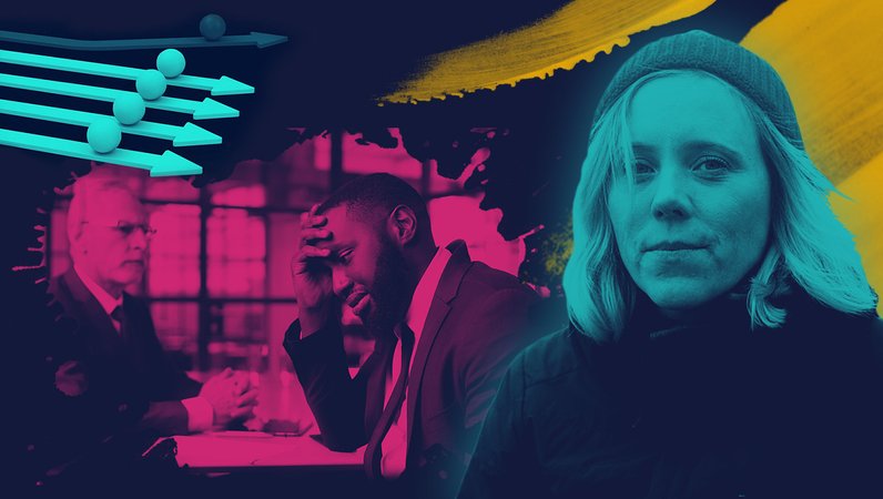 Moderatorin Christina Wolf; ein Schwarzer sitzt deprimiert neben einem europäisch aussehenden Kollegen; vier weiße Pfeile, die geradeaus zeigen neben einem dunklen Pfeil, der einen Knick macht | Bild: BR, colourbox.com; Montage: BR Moderatorin Christina Wolf; ein Schwarzer sitzt deprimiert neben einem europäisch aussehenden Kollegen; vier weiße Pfeile, die geradeaus zeigen neben einem dunklen Pfeil, der einen Knick macht